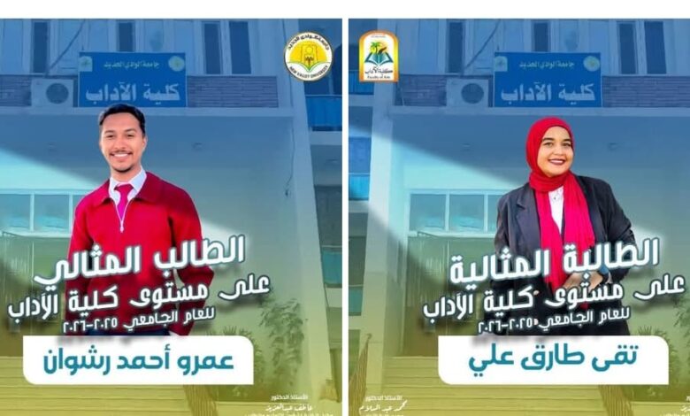 “رشوان وتقى ” يتوّجان بلقبي الطالب والطالبة المثاليين بكلية الآداب – جامعة الوادي الجديد